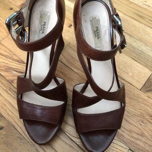 Prada Brown Leather Strappy Platform Sandals 39